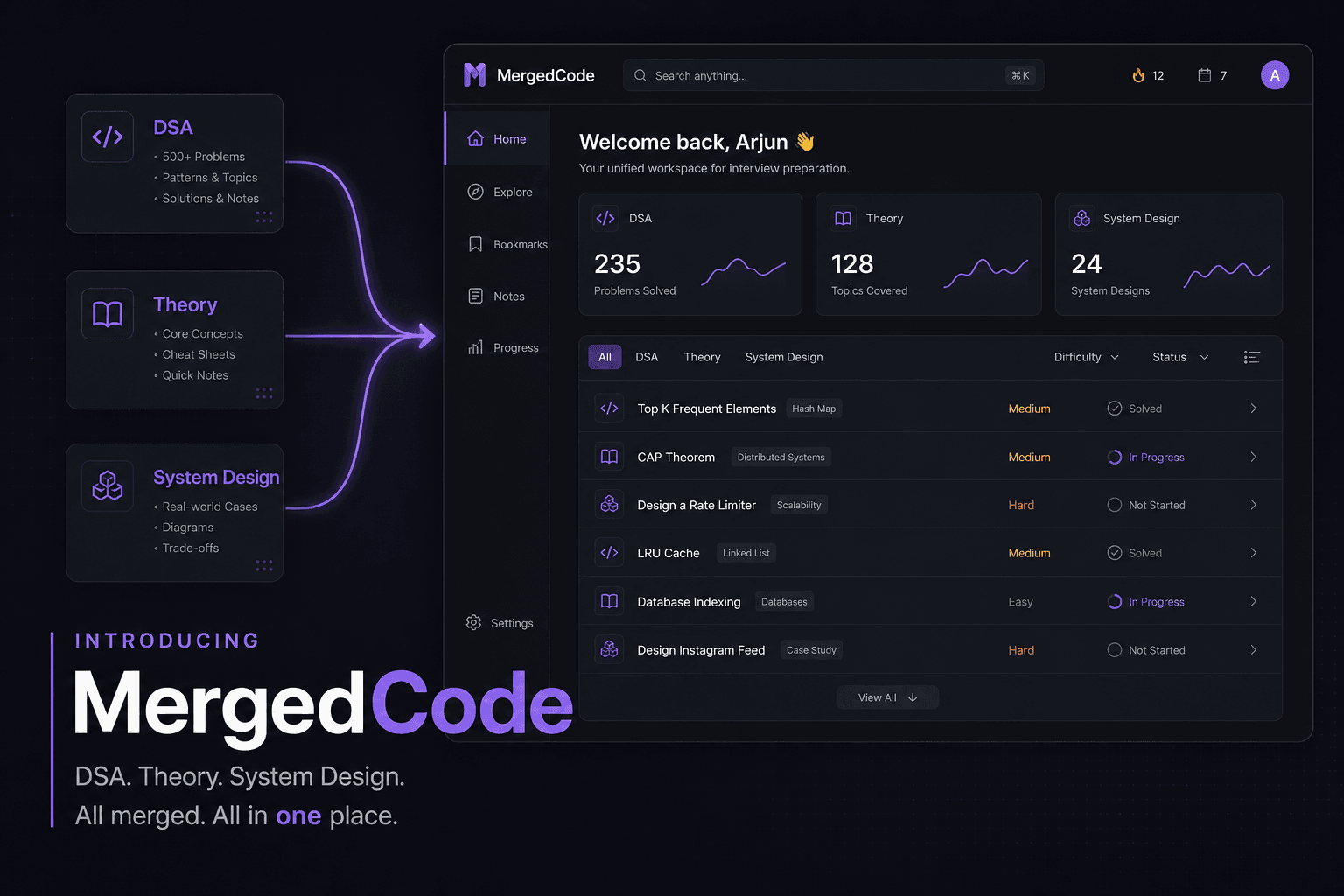 Introducing MergedCode — unified interview prep workspace for DSA, Core CS, and system design